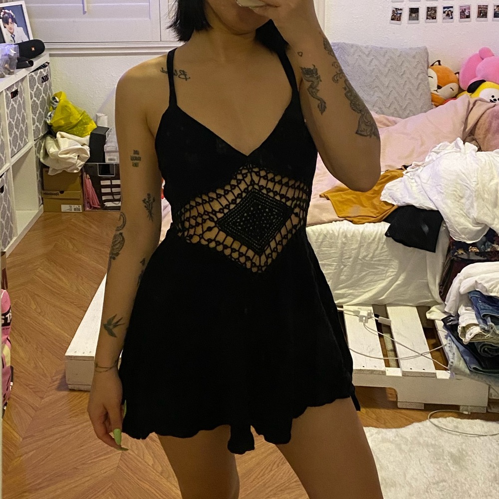 Black crochet romper